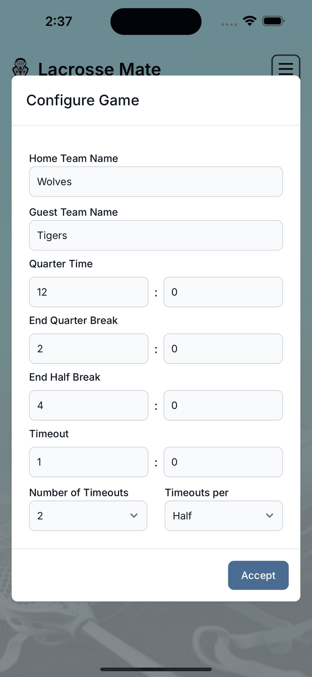 Lacrosse Mate - Configure Game